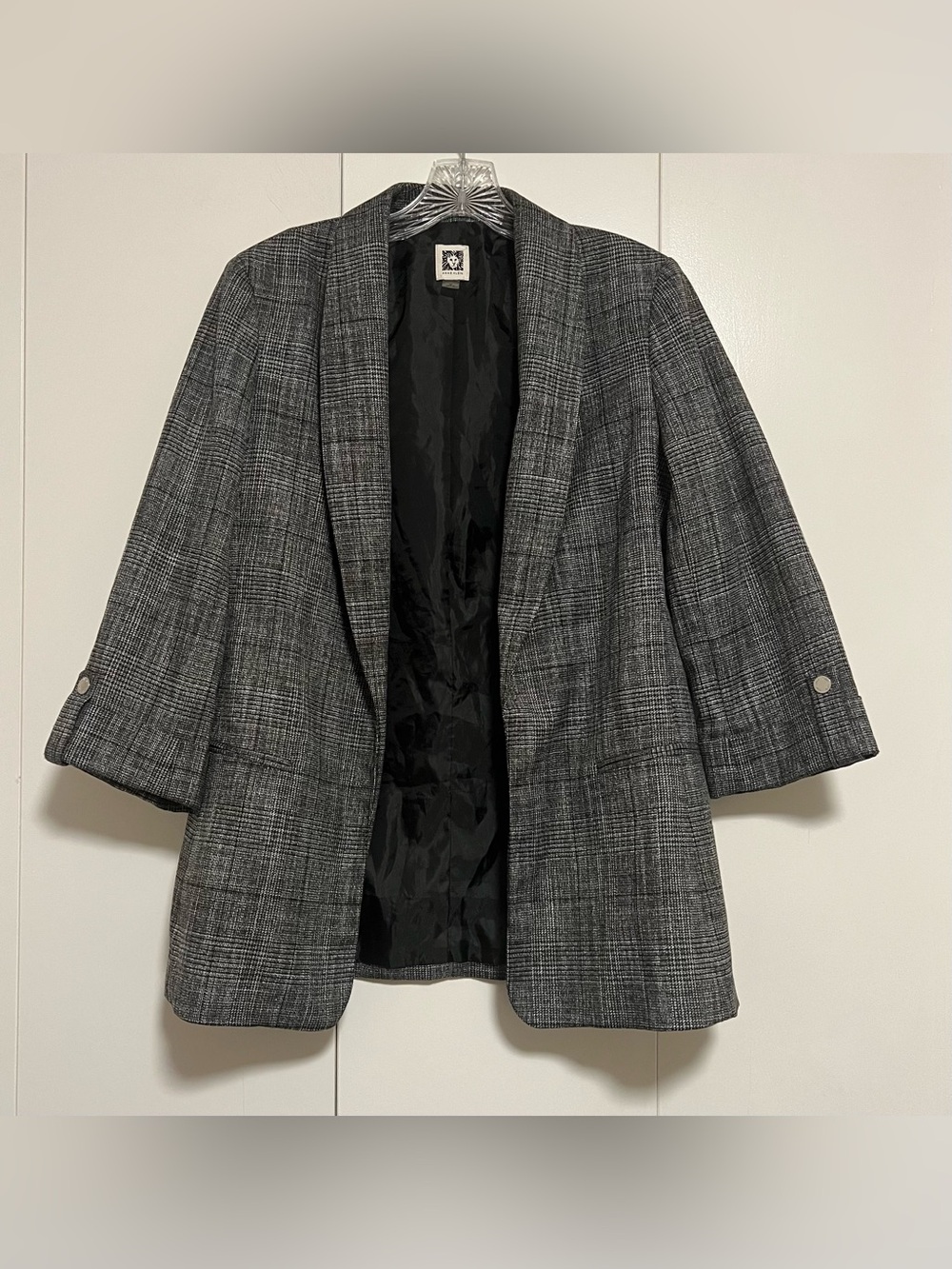 Anne Klein Open Front Black & White Glen Plaid Blazer 3/4 Sleeves Women’s Size M